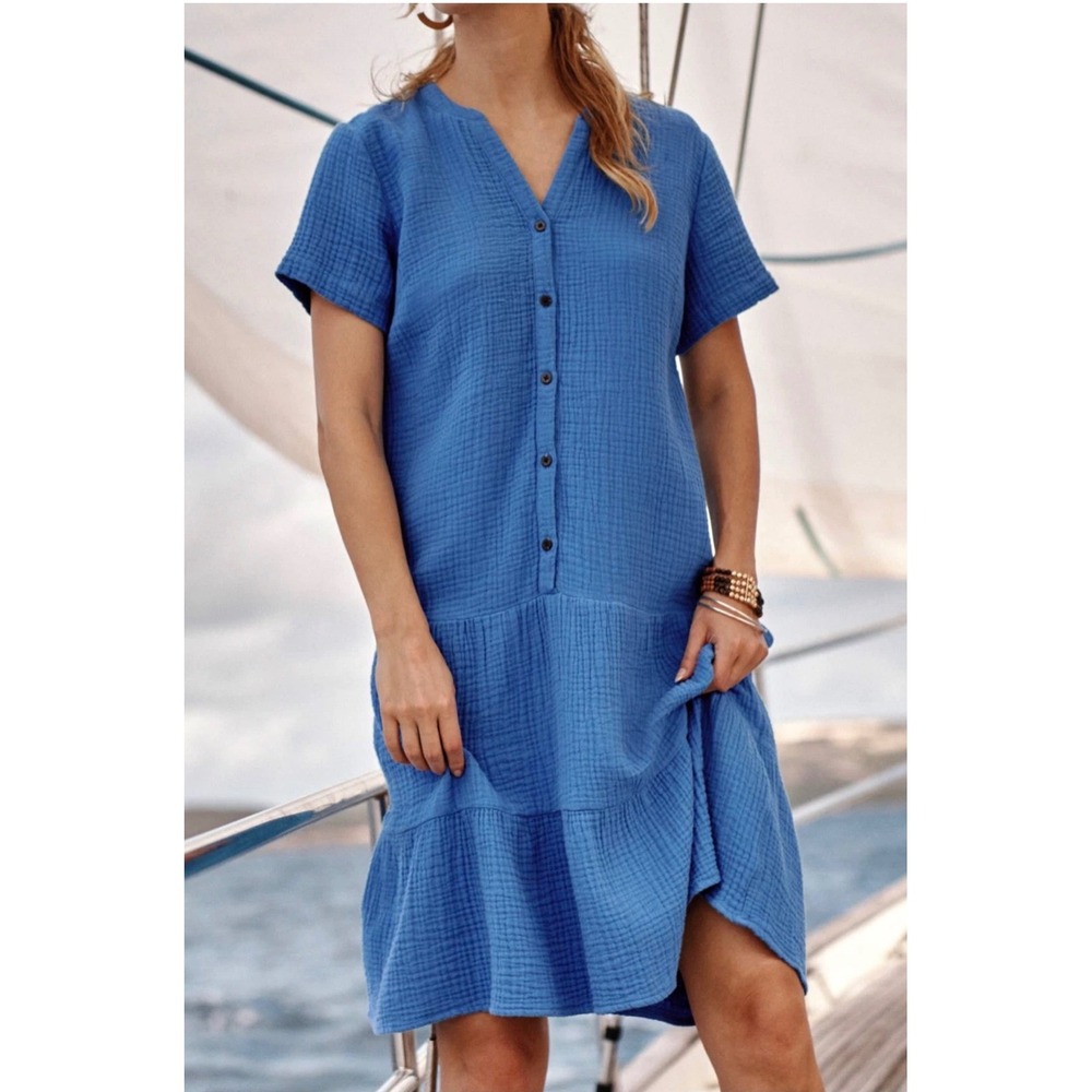J.Jill Cotton Gauze drop waist Tiered blue Shift Dress M Coastal Boho 
resort